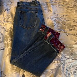 Jag Jeans “Girfriend” Dark Blue with burgundy Velvet Floral Cuffs